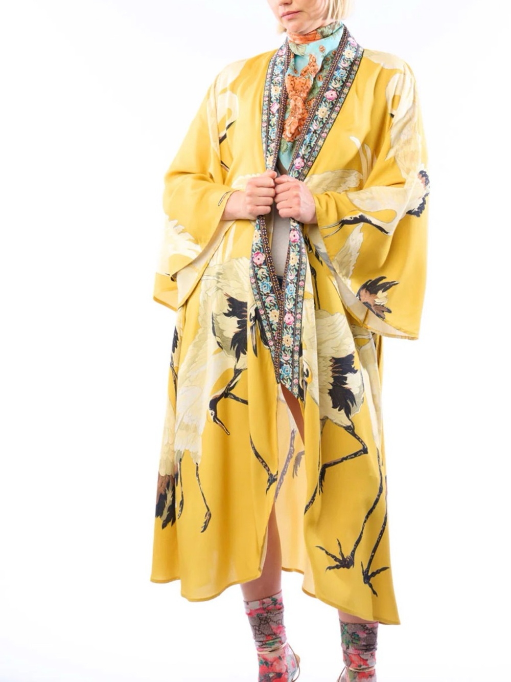 Aratta Story Of The Crane Kimono Robe in Mustard, NWT